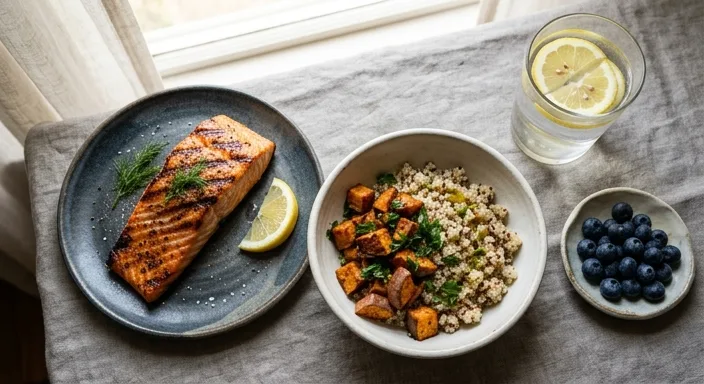 A professional flat-lay arrangement of grilled salmon, a quinoa and sweet potato bowl, fresh blueberries, and lemon water.