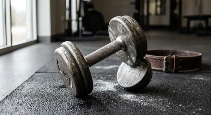 A heavy iron dumbbell covered in lifting chalk and water droplets on a dark gym mat with a weightlifting belt in the background.