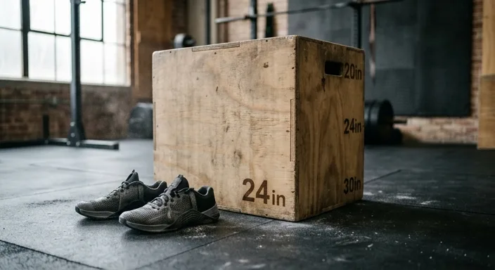 A wooden plyo box and athletic sneakers on a gym floor with soft natural lighting.