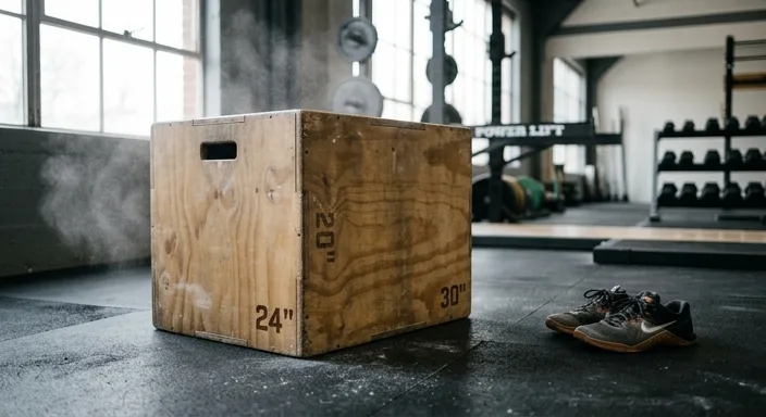 Professional wooden plyometric jump box and athletic shoes on a gym floor with natural lighting.