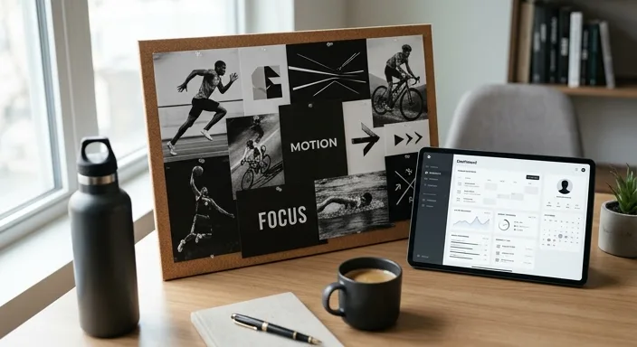 A professional fitness brand mood board with athlete photos, design sketches, and a coaching app on a tablet.