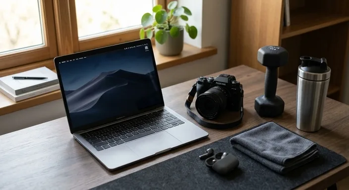 A professional workspace featuring a laptop, digital camera, dumbbell, and fitness accessories on a clean desk, representing a fitness business setup.