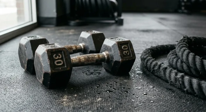 Heavy hexagonal dumbbells and a thick battle rope on a dark, gritty rubber gym floor with soft natural lighting.