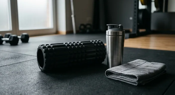 A high-density foam roller and stainless steel shaker bottle rest on a dark gym floor under soft light.