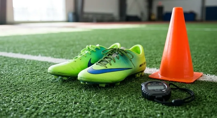 Professional athletic cleats and an agility cone on a green turf field, shot with shallow depth of field.